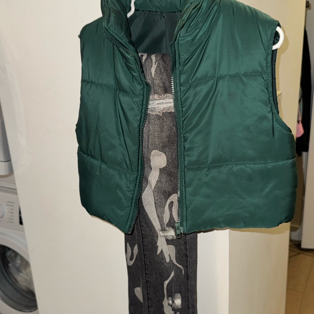 SHEIN Green Puffer Vest with Black and White Jeans